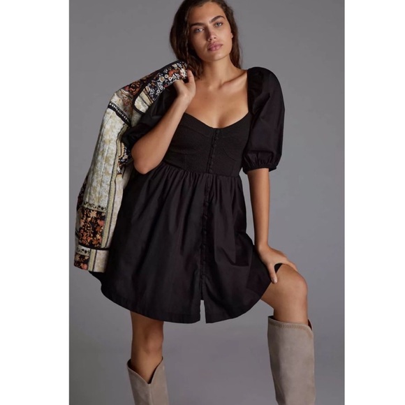 ANTHROPOLOGIE Maeve Puff-Sleeved Sweetheart Mini dress Size XS BLACK Has Pockets - Picture 9 of 9